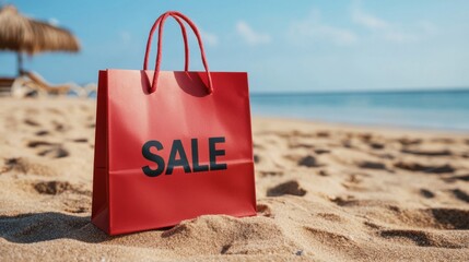 Red Sale Bag on Sandy Beach with Clear Sky and Calm Ocean Waves