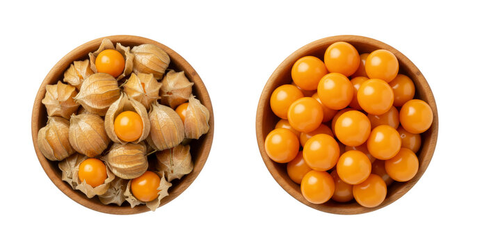 Top view of fresh Cape gooseberries also known as golden berries or physalis in wooden bowls isolated on transparent background for tropical fruit and healthy food concept