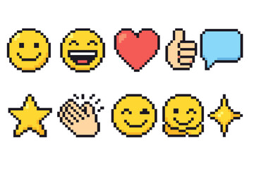 Emoji pixel icon set. Smile, heart, thumbs up pixelated icons in flat style