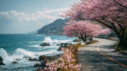 Coastal cherry blossoms road scene