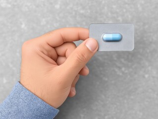 Hand holding a blister pack containing a blue capsule, showcasing the pharmaceutical product against a textured gray background, emphasizing health and wellness