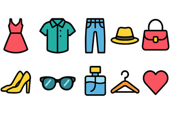 Fashion and clothing flat icon set. Apparel, accessories, style icons collection