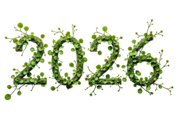 Creative composition of green leaves and vines forming the number “2026”, symbolizing growth, sustainability, renewal, and harmony with nature for the new year