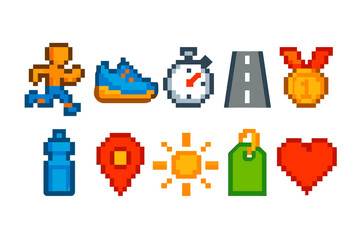 Naklejka premium Pixel art fitness icon set. Workout, exercise, health icons in pixelated style.