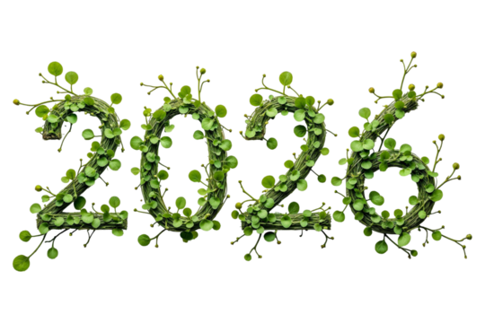 Creative composition of green leaves and vines forming the number “2026”, symbolizing growth, sustainability, renewal, and harmony with nature for the new year