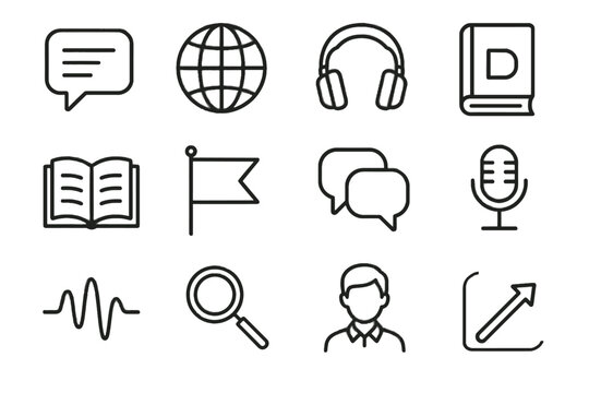 Student tools microphone magnifying globe dictionary wave icon language bubble vector icons