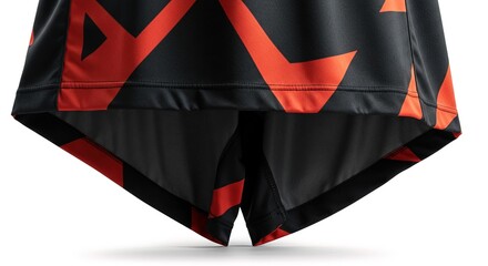 Close up of black and red geometric patterned athletic shorts , trending, fashion, lifestyle