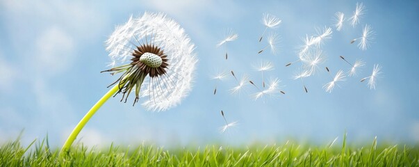 Dandelion Flower in Wind with Seeds Dispersing into Blue Sky