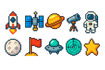 Space exploration pixel icon set. Rockets, planets, and telescope pixelated icons