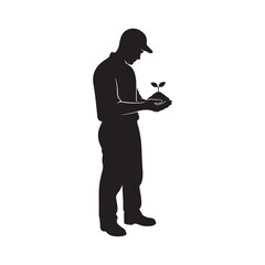 Minimalist Black Silhouette of Man Holding Plant Seedling Vector Art