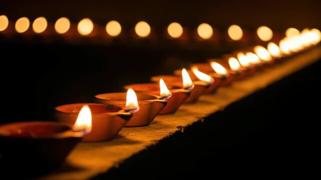 row of glowing diya oil lamps illuminates dark with warm, inviting light. indian festival celebration. diwali holiday. greeting card, banner, background with copyspace.