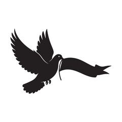 Black Dove Silhouette Flying with Banner Vector Illustration on White