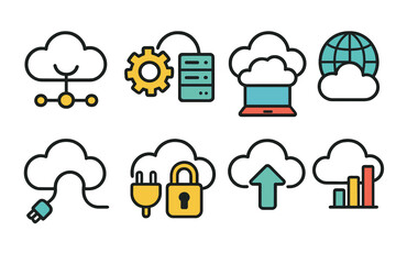 Obraz premium Cloud computing icon set: flat style for network, security, and data management