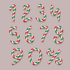 3d Candy cane numbers set with percent sign. Hard candy digits. Vector illustration. Red, green and white colors.