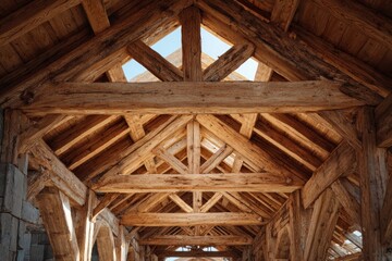 Obraz premium Wooden roof structure showcasing rustic timber frame construction and craftsmanship