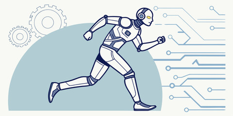Obraz premium Dynamic robot sprinting forward with modern tech circuitry and gears symbolizes futuristic progress