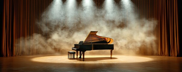 Grand Piano on Stage with Dramatic Lighting in Empty Concert Hall