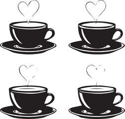 Obraz premium Coffee cup silhouette set — black and white icons with heart-shaped steam, saucers, and spoons for café and lifestyle themes