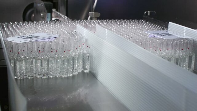 High-definition footage of an automated cleanroom assembly where glass ampoules are washed, filled with injectable medication, sterilized, and hermetically sealed. Showcases precision robotics, strict