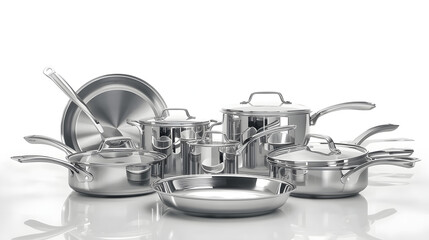 Extensive Stainless Steel Cookware Collection with Lids and Reflections