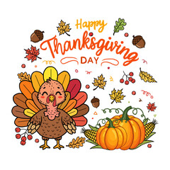 Illustration of hand drawn happy thanksgiving day with cute turkey isolated on transparent background