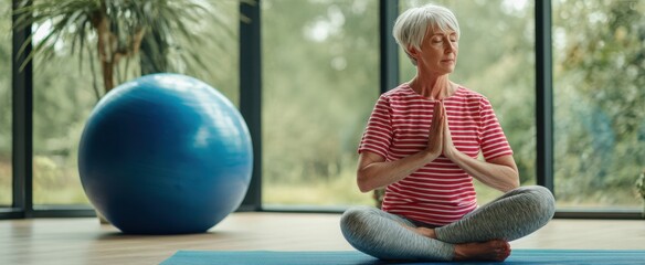 The woman practicing seated yoga meditation on a mat near large windows overlooking garden