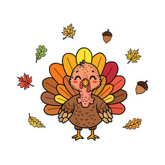 Illustration of hand drawn cute thanksgiving turkey with autumn leaves isolated on white isolated on transparent background