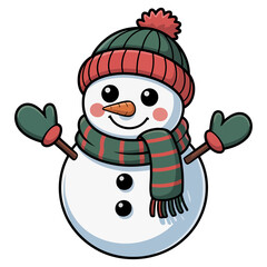 Smiling Snowman Wearing Hat and Scarf with Transparent Background