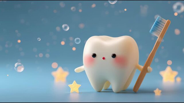 Cute cartoon tooth character with a toothbrush, bubbles, and stars on a blue background