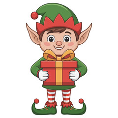 Christmas Elf Cartoon Character Holding Gift with Transparent Background