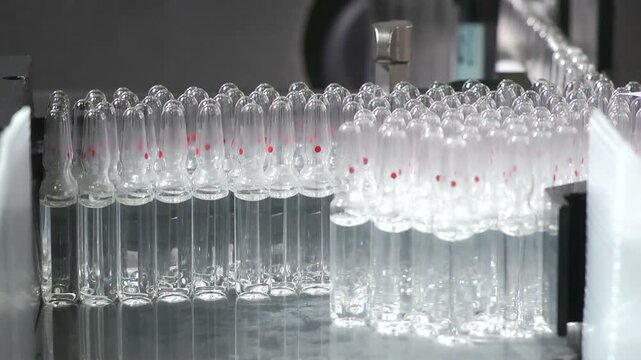 High-definition footage of an automated cleanroom assembly where glass ampoules are washed, filled with injectable medication, sterilized, and hermetically sealed. Showcases precision robotics, strict