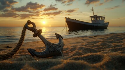 Vintage Anchor on Sand with Boat Under Beautiful Sunset Sky