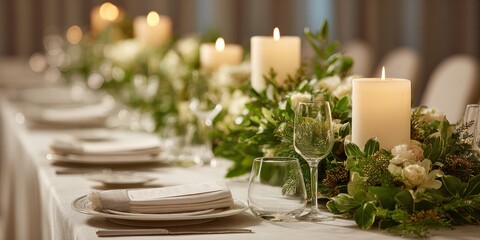 Elegant candlelit dinner setting luxurious venue table decor romantic atmosphere close-up view event planning inspiration