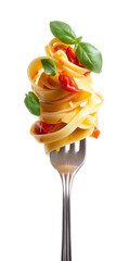 Pasta Tower on a Fork: Delicate ribbons of pasta, adorned with vibrant basil leaves and sun-ripened tomatoes, are artfully balanced on a fork, a culinary masterpiece.