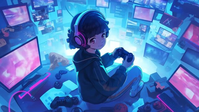 Gamer character with headset, holding game controller, anime style motion animated