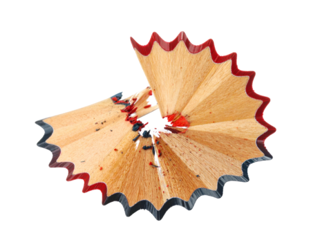 Curled shavings from a writing utensil, with red and black accents, on black backdrop - Powered by Adobe