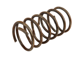 Close-up of a rusted metal spring on a black background, showing detail of coil