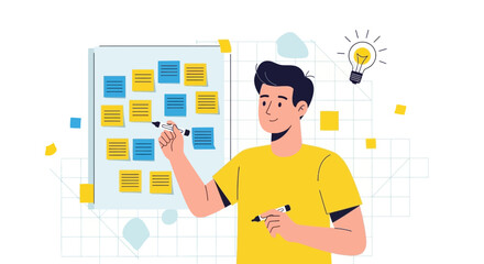 A man strategizing new ideas on a whiteboard with sticky notes and a light bulb