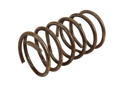 Close-up of a rusted metal spring on a black background, showing detail of coil