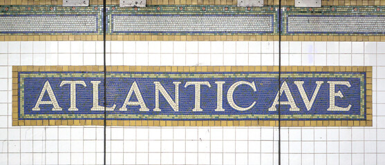 Atlantic Avenue sign at major transportation hub subway station in Brooklyn New York City.