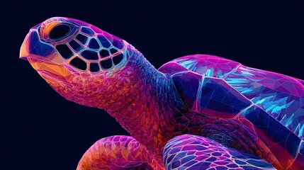 Vibrant low poly rendition of a sea turtle head and upper body glows against a dark background