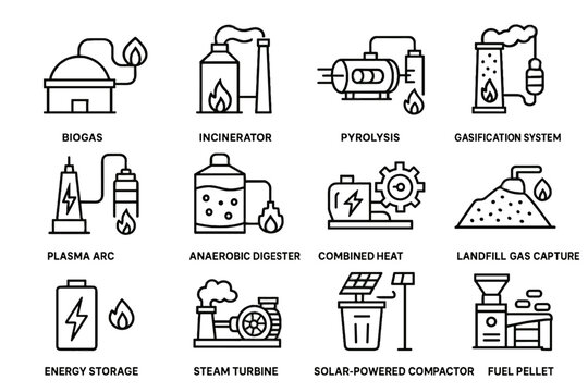 Waste power energy to incinerator unit vector gasification turbine icon digester biogas
