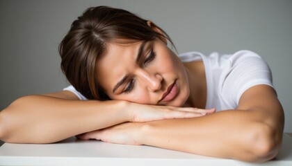 Fototapeta premium Sleeplessness shows young woman resting head on arms in silent suffering. Sleeplessness and insomnia, showing exhaustion and desperation in the early morning.