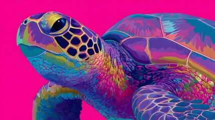 Vibrant marine reptile portrait emerges with intense psychedelic coloration against a solid background
