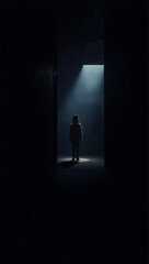 A single, small human silhouette standing in a dark, enclosed space