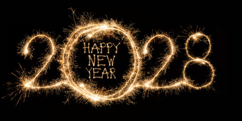 happy new year, new year's eve celebration holiday greeting crad long with text - 2028 sparklers...