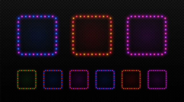 Light bulbs square neon frame. Box retro border with led lamps. Vector set of blue, purple and red color for cinema, casino and circus advertising.