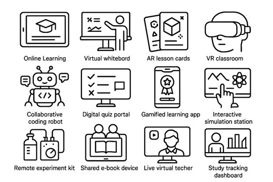 Vr icons lesson simulation online interactive live icon virtual gamified vector learning