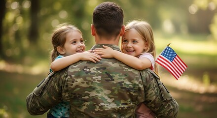 Proud soldier embraced by loving daughters, celebrating family and patriotism with the flag