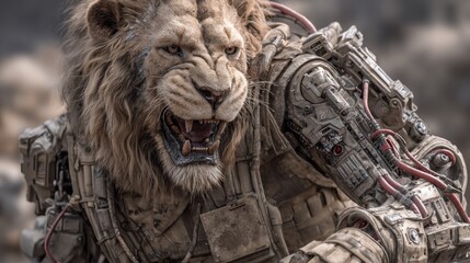 Lion with futuristic armor a close up view of a feline cyborg creature